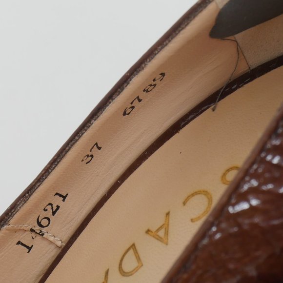 Escada Brown Patent Leather Gold Toe Detail 4" Heel Vintage Size 37 Work Shoes - Picture 5 of 14